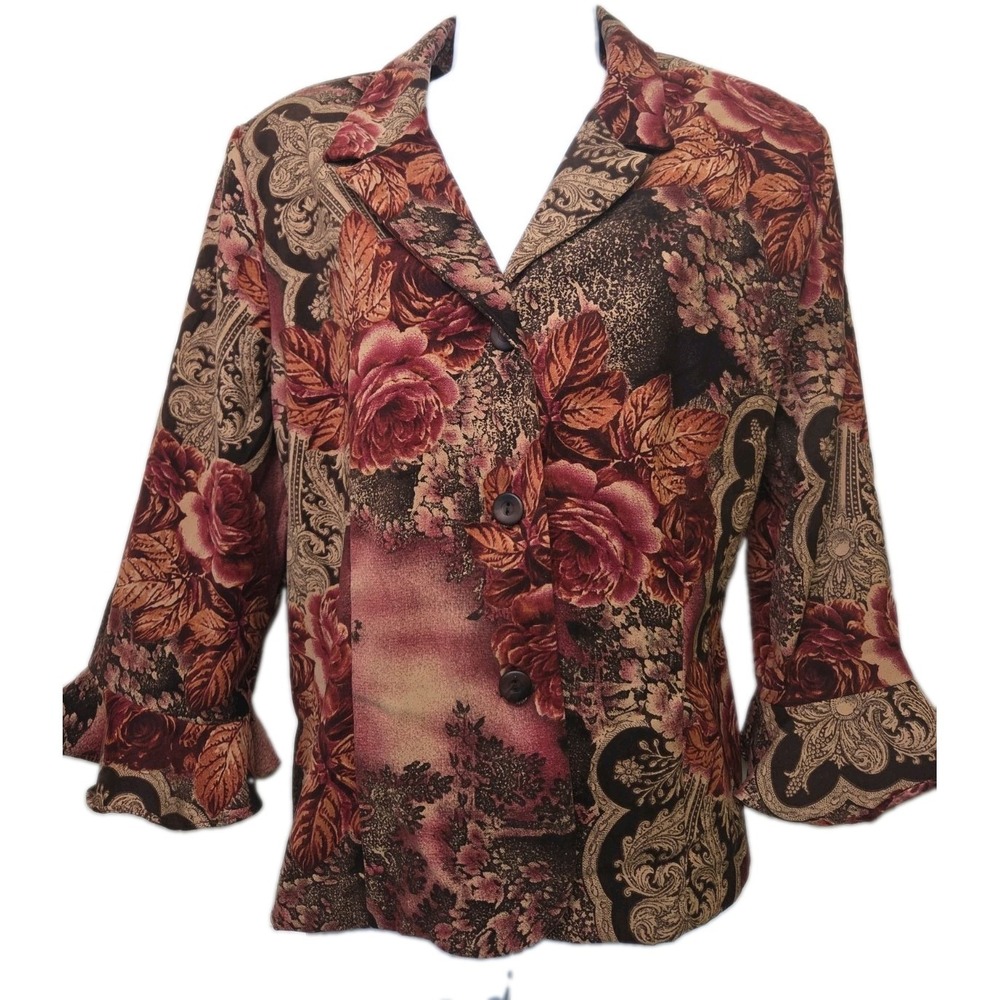 Vintage Dark Cottage Rose Floral Cotton Blazer Jacket Jessica Howard Velvet 16